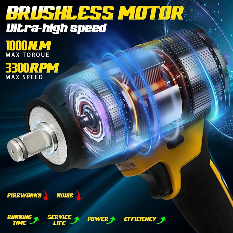 byczone 1000N.m(740Ft-lbs) Cordless Impact Wrench, 1/2 Inch High Torque Brushless 21V Impact Gun w/ 2 x 4.0Ah Battery & Fast Charger & 6 Sockets, Pistola De Impacto for Home Car Tires Truck Mower - Image 3